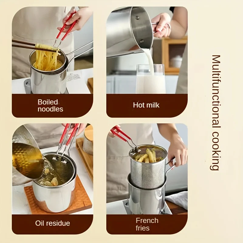 1pc Japanese-Style Mini Deep Fryer Pot - 304 Stainless Steel Gas Frying Pot with Filter Net for Tempura Oil Saving - Compact Space-Saving Design for Household Kitchen - Deanwangkt