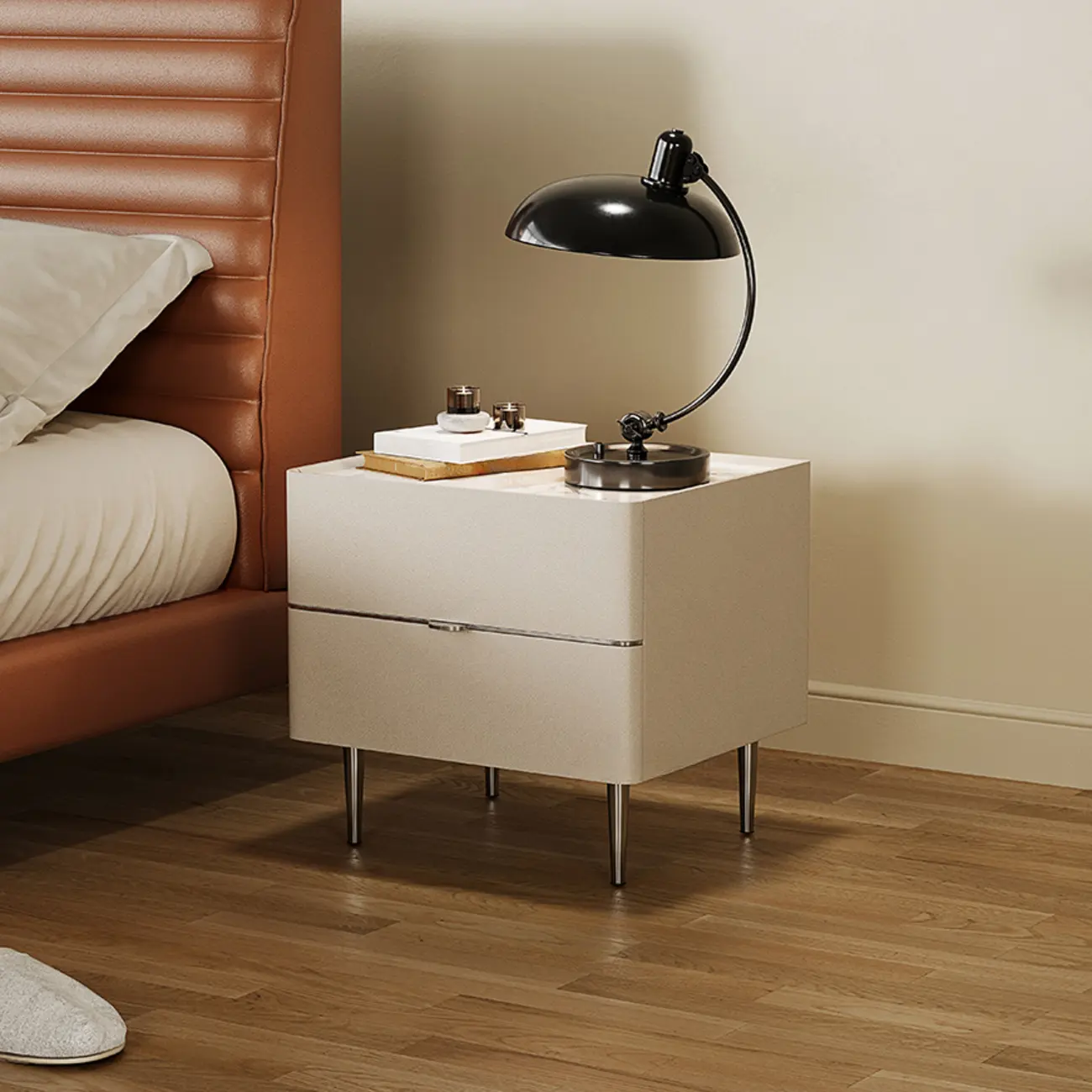 White Stone Top 2-Drawer Wood Square Nightstand