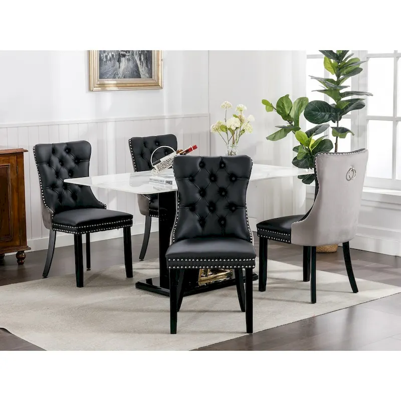 Set of 2 PU and Velvet Upholstered Dining Chairs with Nailhead Trim and Wooden Legs