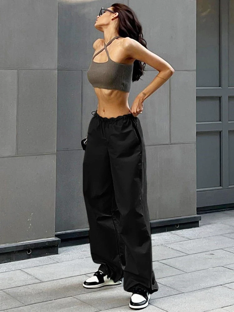 Hulianfu Fashion High Street Cargo Pants Women Casual Sweatpants Solid Loose Trousers Drawstring Waist Wide Leg Pants Y2K Party - Deanwangkt