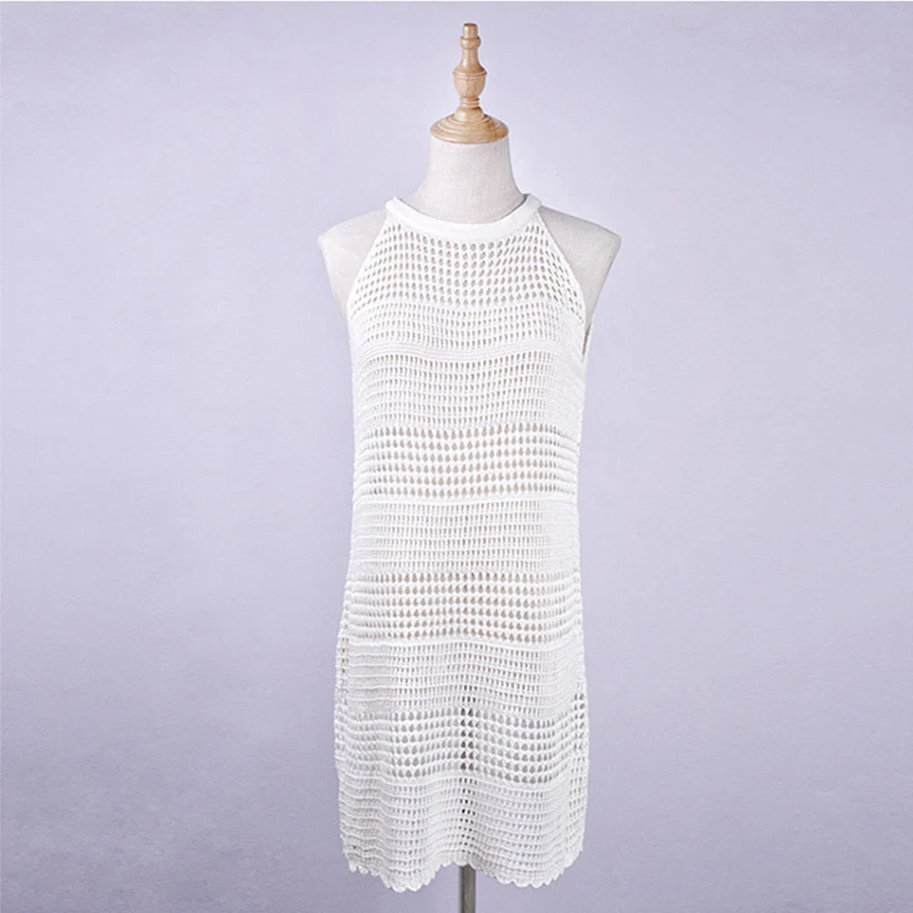 Sexy Beach Wear Cover Up Sleeveless Hollow Dress Crochet Knitted Woman Swimwear Bikini Cover Up Hand Made Beach Dresses - Deanwangkt