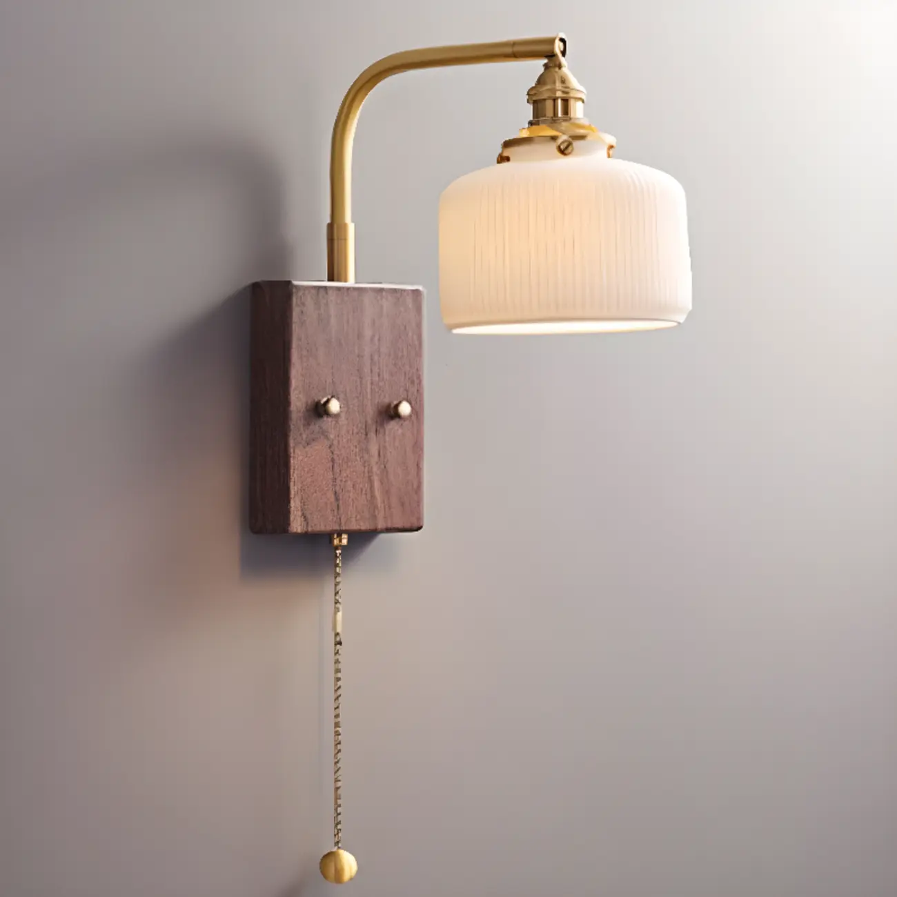 Vintage Pull Chain Swing Arm Wall Light with Wooden Base