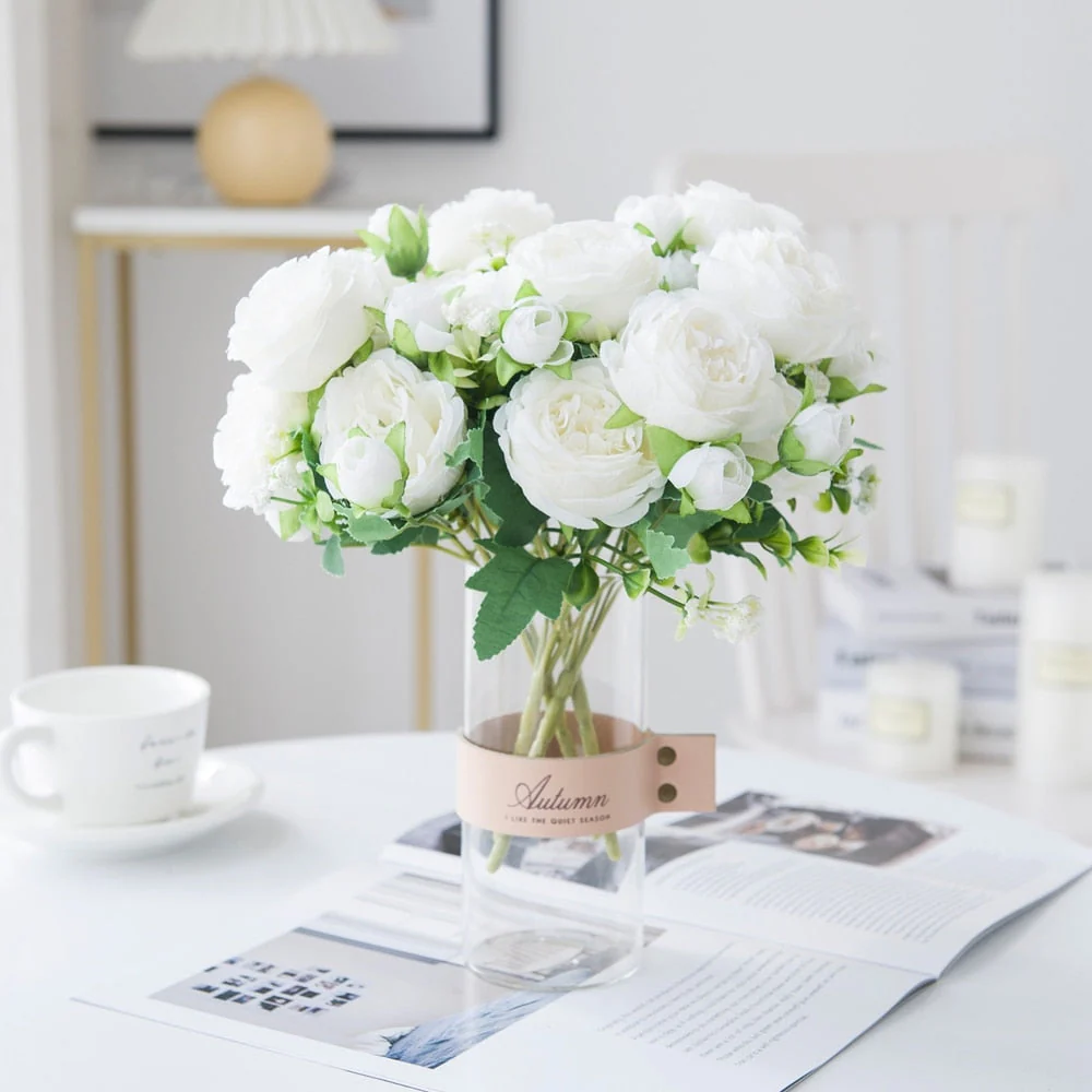HULIANFU White Roses Artificial Flowers Silk Peonies Wedding Decorative Vases for Home Decor Bride Bouquet Foam Craft Gifts Fake Plants - Deanwangkt