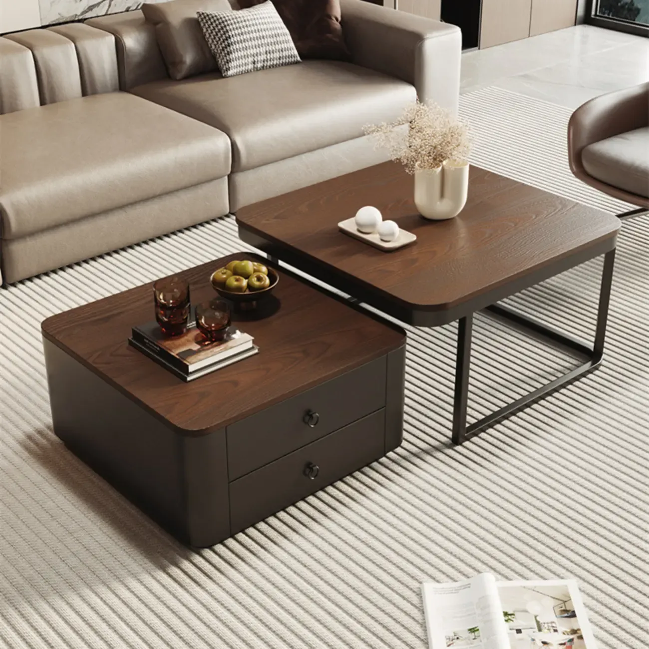 Modern Square Wood Stone Nesting Coffee Table
