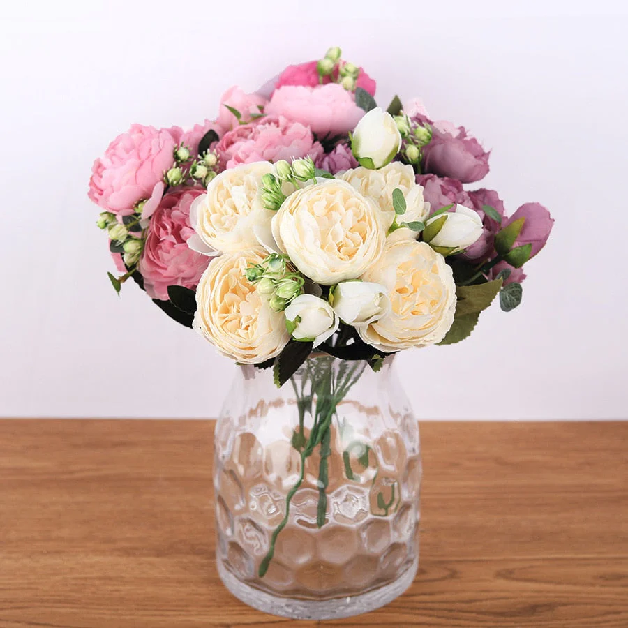 HULIANFU 2026  30cm Rose Pink Silk Bouquet Peony Artificial Flowers 5 Big Heads 4 Small Bud Bride Wedding Home Decoration Fake Flowers Faux - Deanwangkt