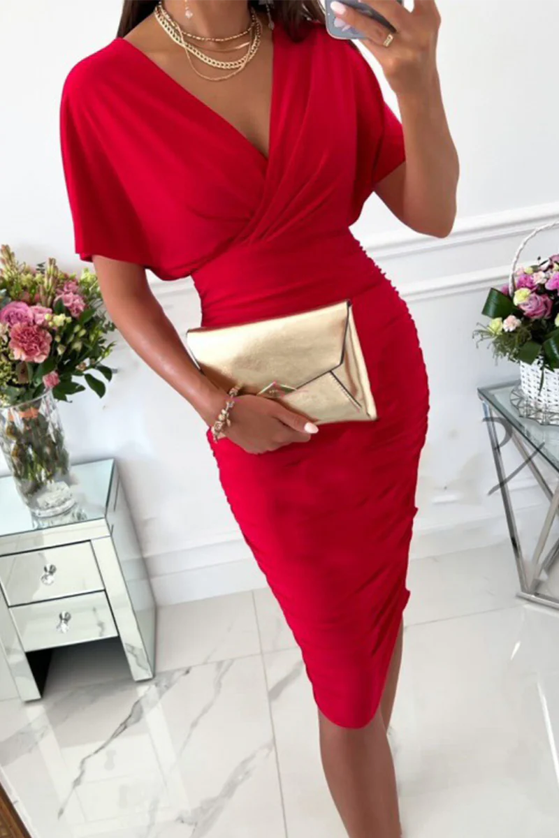 hulianfu Fashion Solid Split Joint V Neck Waist Skirt Dresses(5 colors) - Deanwangkt