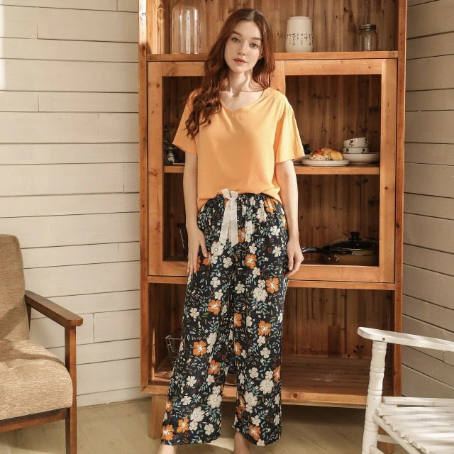 Breathable 2PCS Pajama Short Sleeve Printed Pijama Mujer Femme Loose Nightwear Suit Female Casual Homewear Pajama Set For Women - Deanwangkt