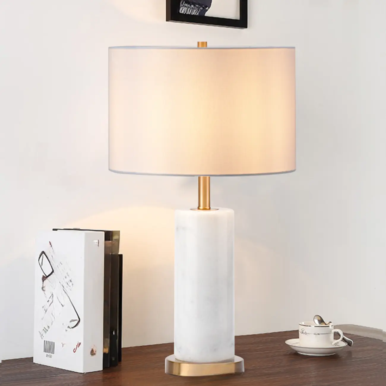 Modern Stone Table Lamp with Fabric Shade, LED Compatible