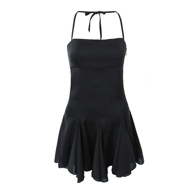 Hulianfu Spring Summer New Sexy Slim Fashion Women Halter Neck Tie Backless Pleated Short Strap Mini Dress Female - Deanwangkt