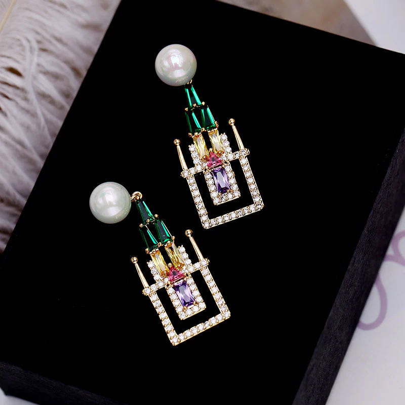 2025 Korean earrings earrings new 925 silver needle stud earrings colored zircon temperament personalized creative fairy tale castle - Deanwangkt