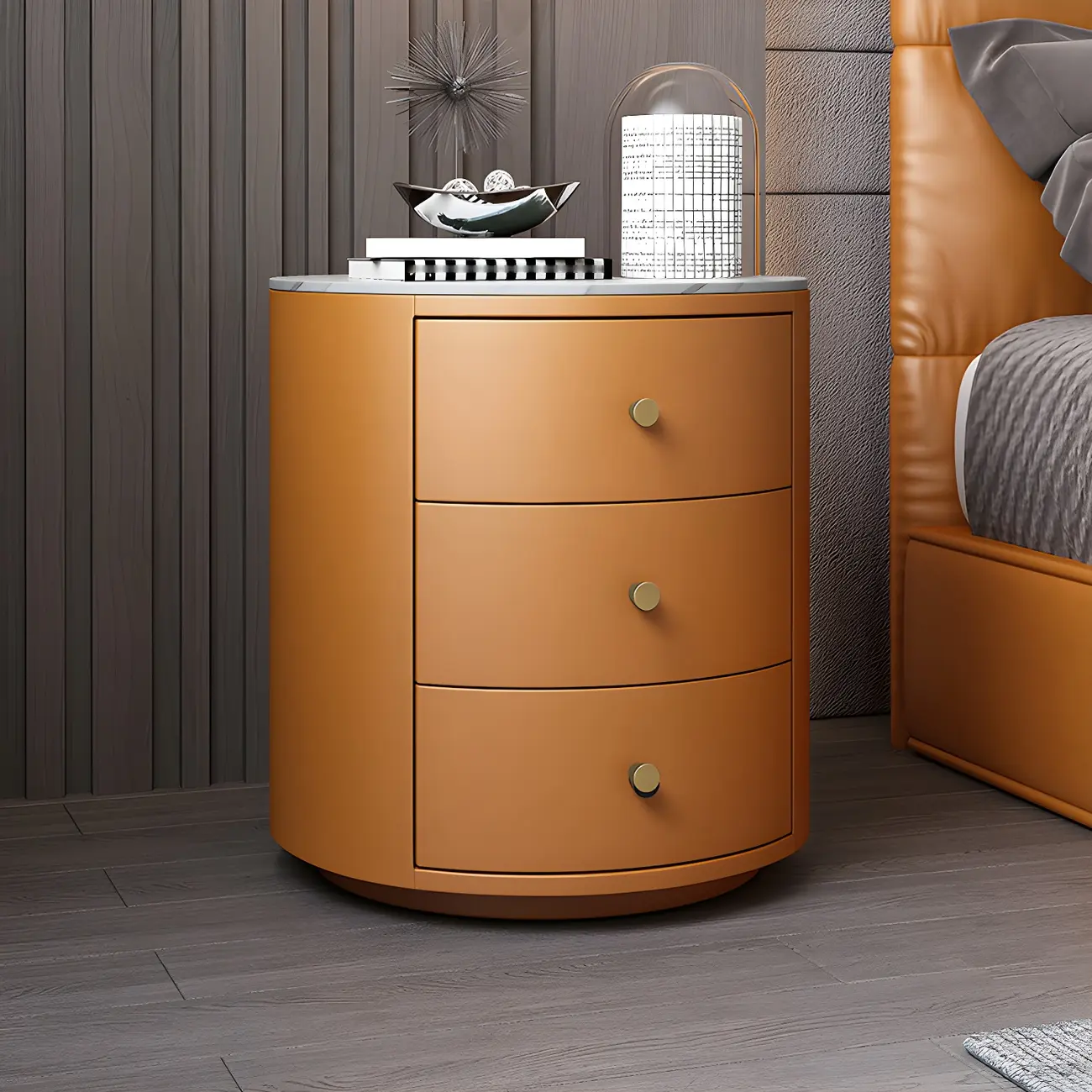 Modern Faux Leather Round Bedside Table with Two Drawers in Grey