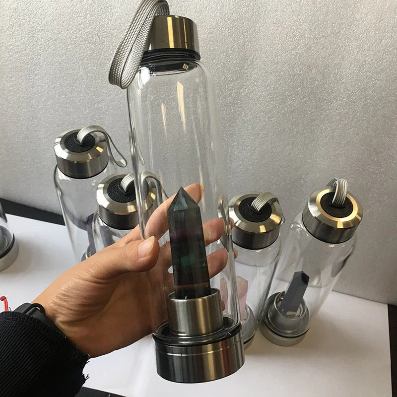 HULIANFU water bottle Drop Shipping Natural Crystal Point Healing Obelisk Wand Elixir Quartz Crystal Water Bottle To wand heals energy st - Deanwangkt