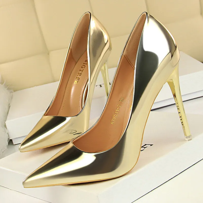 Women Patent Leather Pumps 7.5cm 10.5cm High Heels Lady Stiletto Low Heels Wedding Bridal Mteallic Silver Gold Sparkly Shoes - Deanwangkt