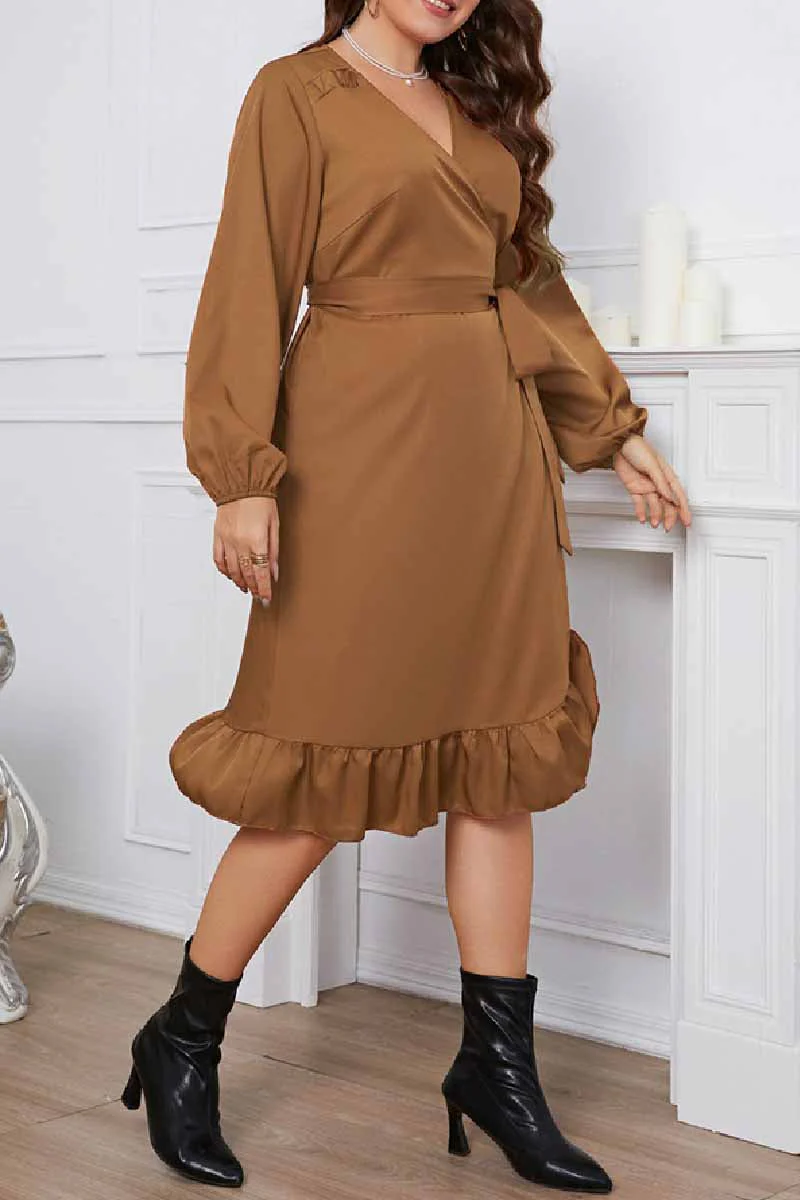 hulianfu Casual Solid Frenulum V Neck Long Sleeve Plus Size Dresses - Deanwangkt