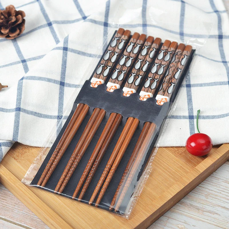 HULIANFU Reusable 5 Pair Set Handmade Bamboo Japanese Natural Wood Chopsticks Sushi Food Cat Flower Multi color Wooden Chop sticks - Deanwangkt
