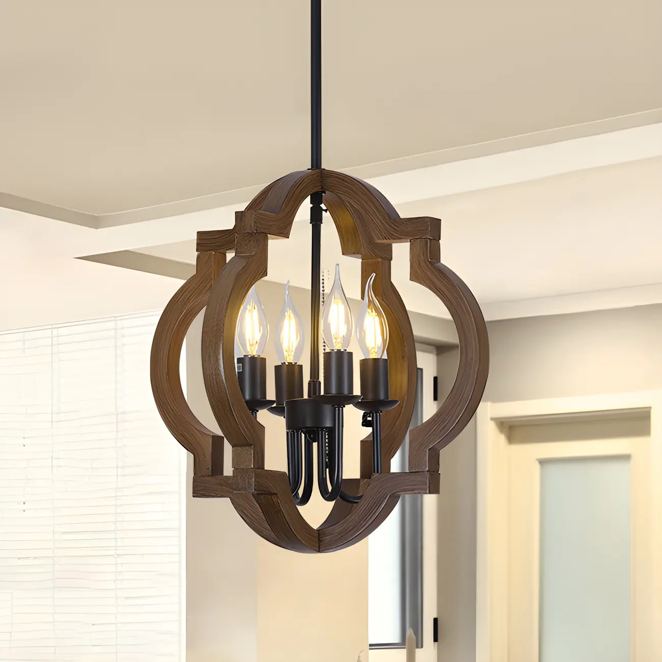 Industrial Adjustable Brown Wood Caged Candelabra Chandelier