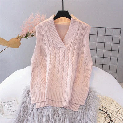 Autumn Women's Sweater Vest V-neck Sleeveless Irregular Casual Loose Knitted Pullover Tops Female Outerwear - Deanwangkt