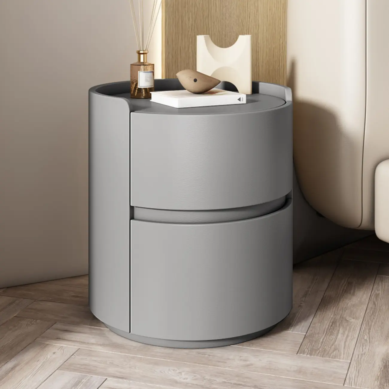 Modern Leather Tray Round 2-Drawer Nightstand