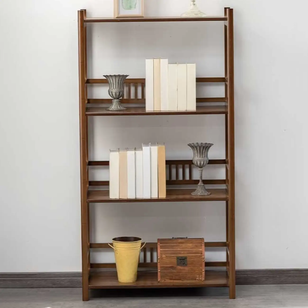 Vertical Modern 4-Tier Open Back Brown Wood Bookcase