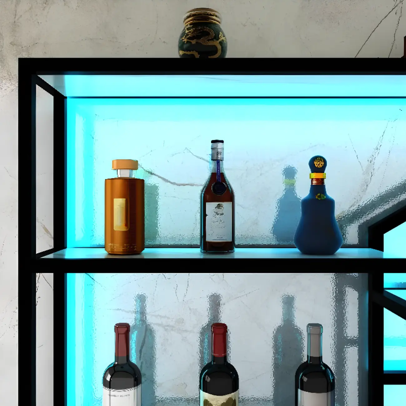 Geometric Metal Black Floating Wine Rack with Light