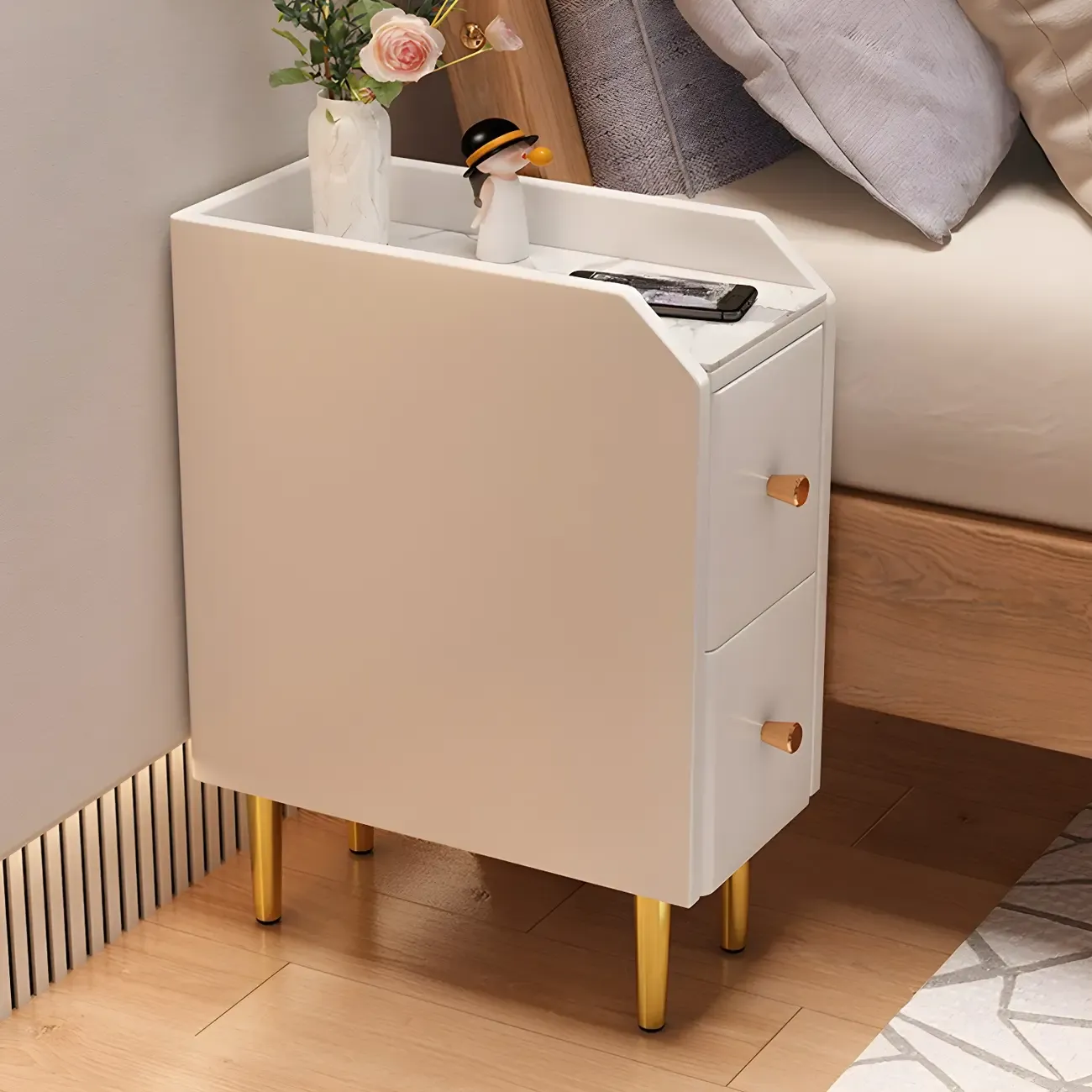 Narrow Faux Leather Drawer Nightstand with Stone Countertop