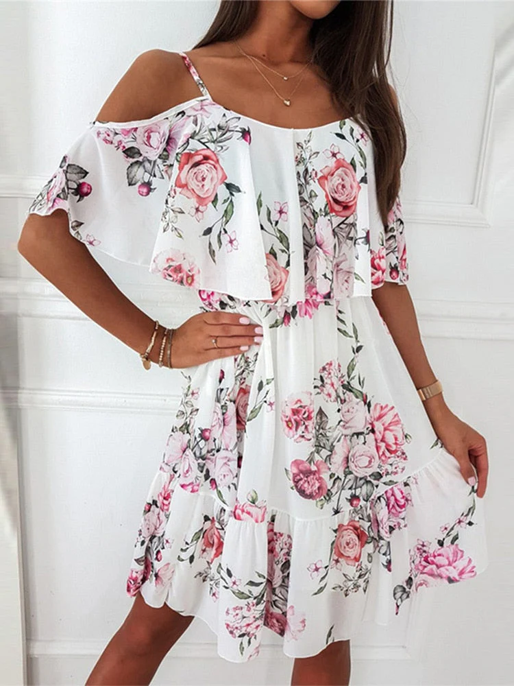 Sexy Floral Print High Waist Ruffle Mini Dress Fashion Sling Off Shoulder Party Dress Women Clothing Elegant Slim Draped Vestido - Deanwangkt
