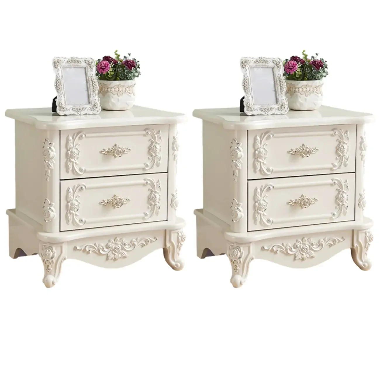 Traditional White Wood Carved 3-Drawer Nightstand