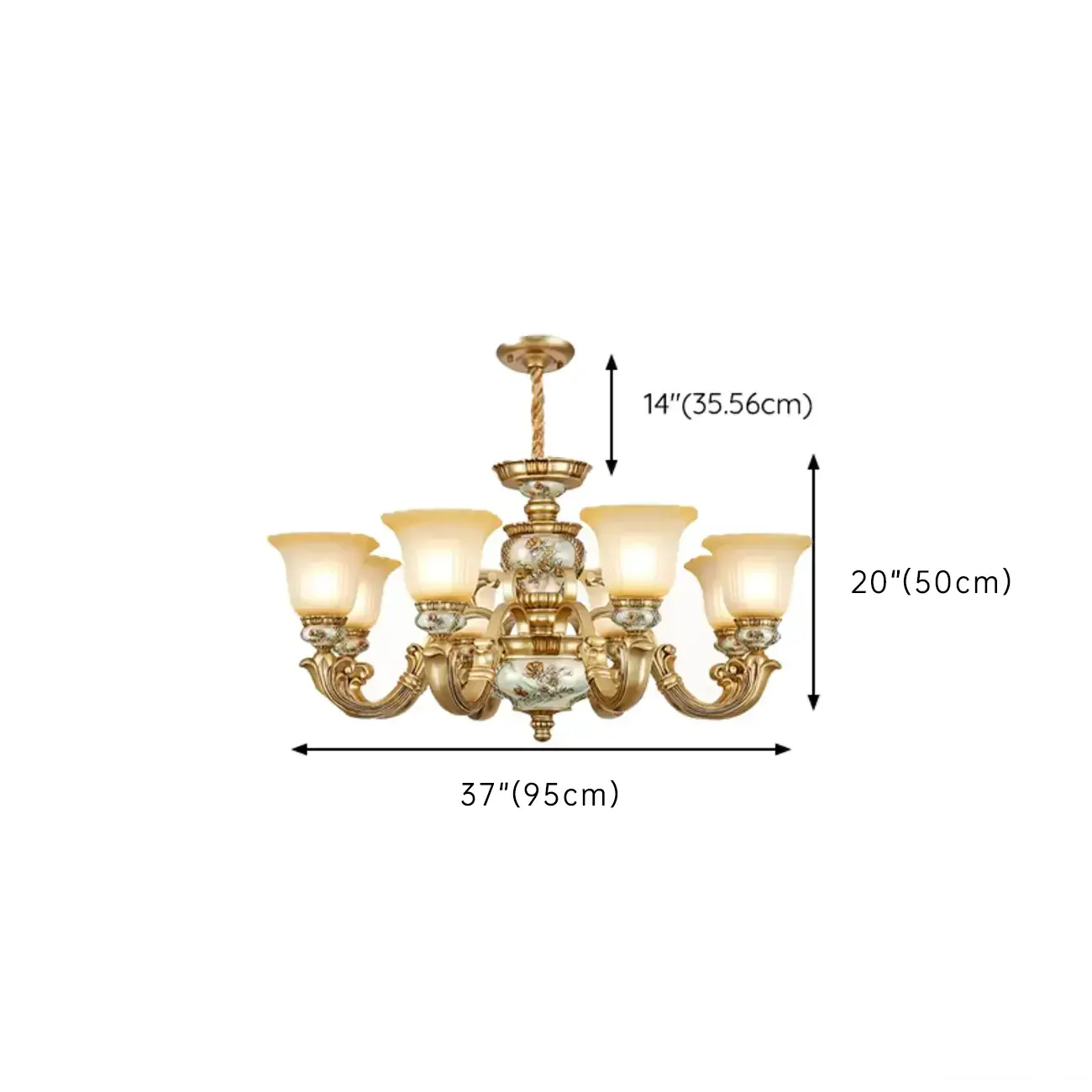Antique Gold Ceramic Chandelier with Frosted Glass Bell Shape