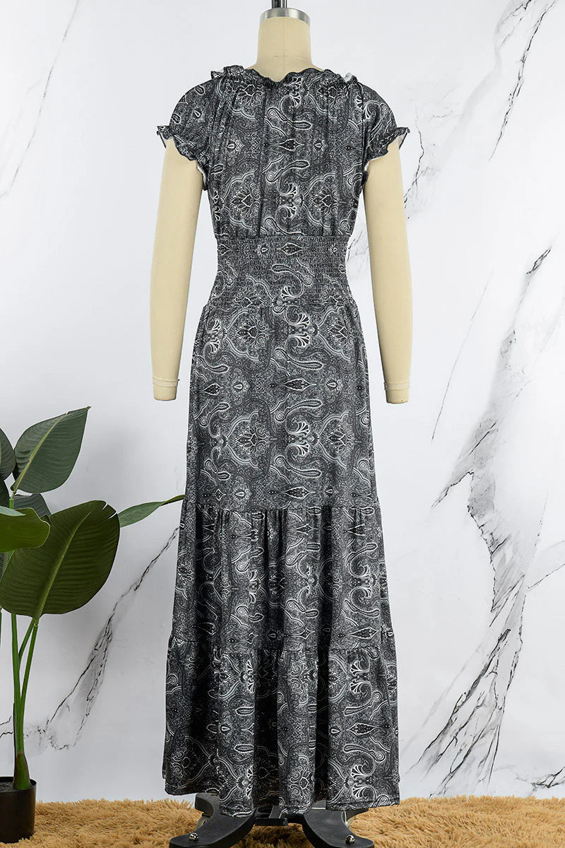hulianfu - Bohemian College Print Fold V Neck A Line Dresses(6 Colors) - Deanwangkt