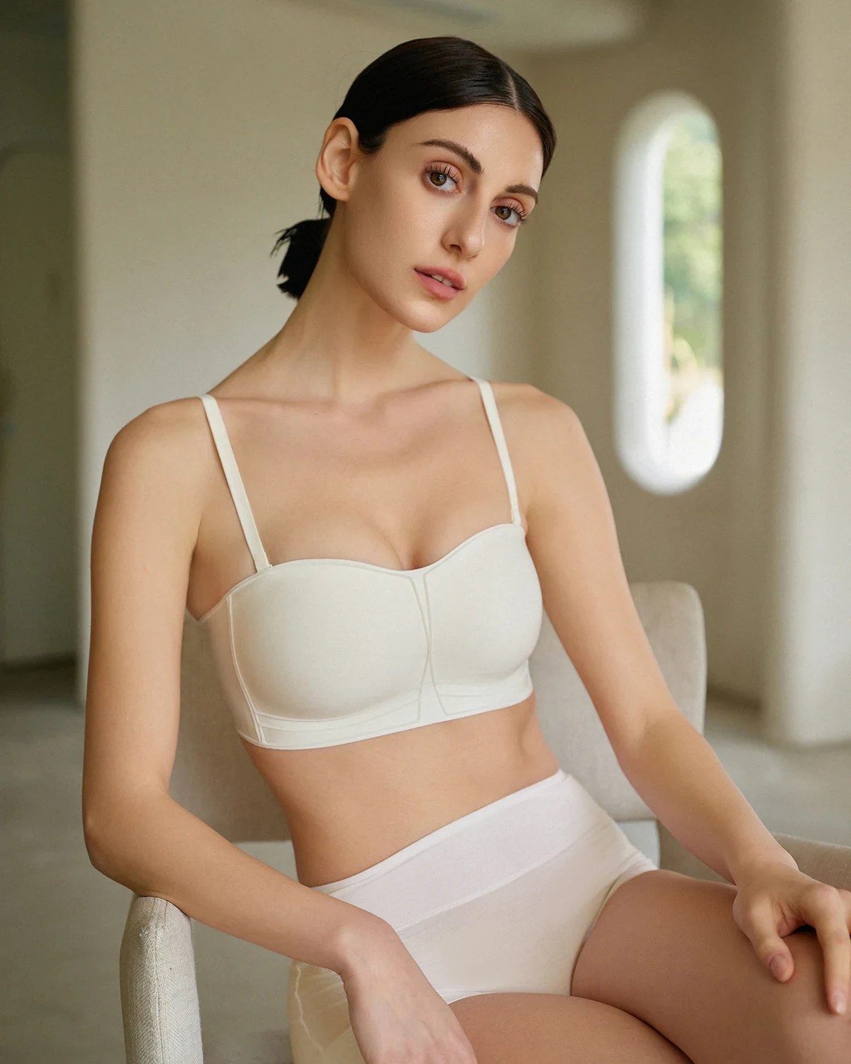 flocked soft-boned side-smoothing shaping anti-slip push-up bandeau bra camisole with soft stretch detachable straps
