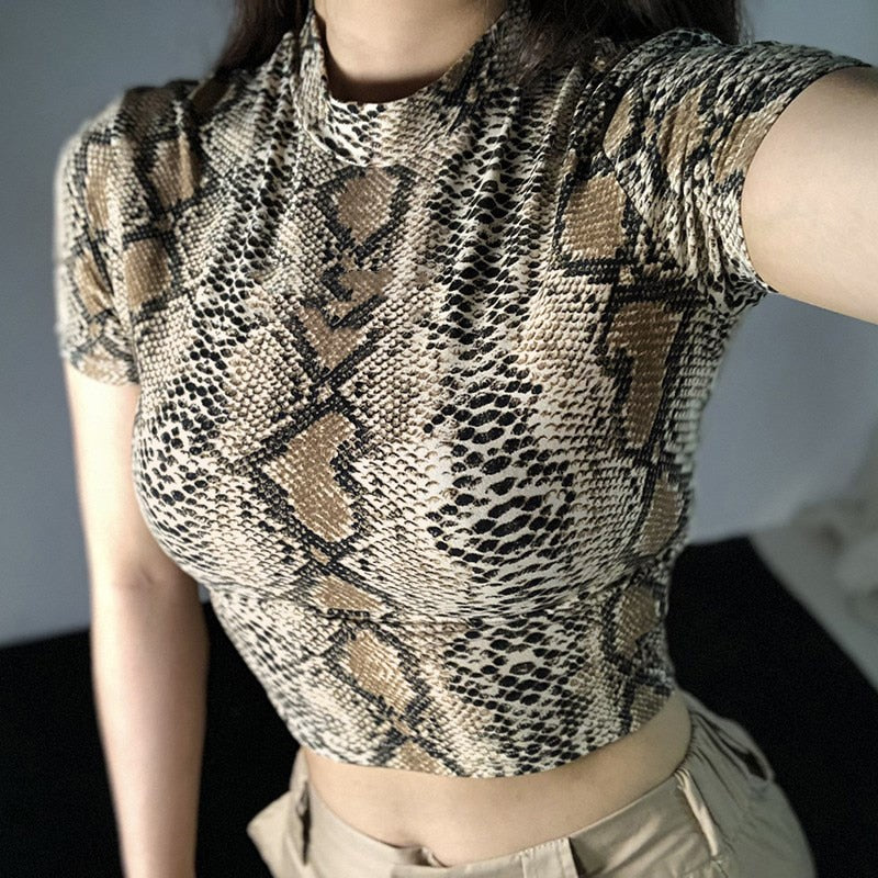 Hulianfu Sexy Crop Top Women Snake Print Tank Top Slim Primer High Collar Vest Harajuku Crop Tank Top T Shirt Femme Girls Camis Tops - Deanwangkt