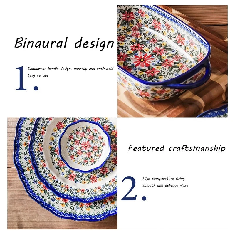 HULIANFU Krusoal Retro Ceramic Handle Salad Bowl Household Oven Breakfast Bake Pan Microwave Bohemia Binaural Soup In-glaze Tableware - Deanwangkt