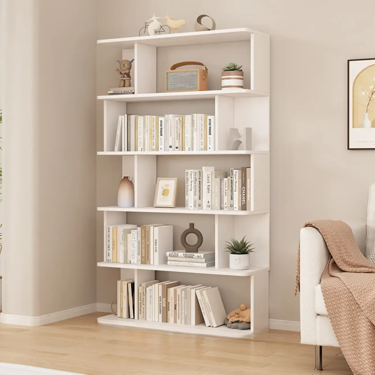 Modern White Open Back Wood 5 Shelf Bookshelf