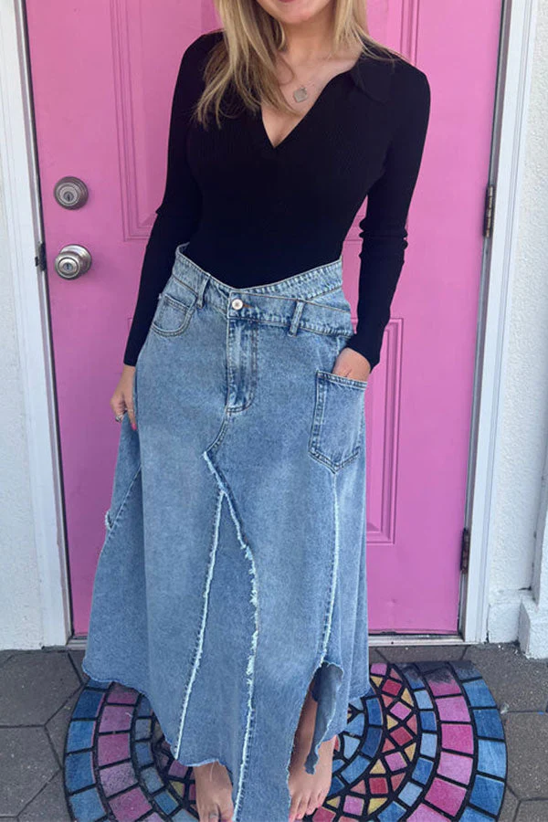 hulianfu Washed Denim High Waist Urban Asymmetric Skirt - Deanwangkt