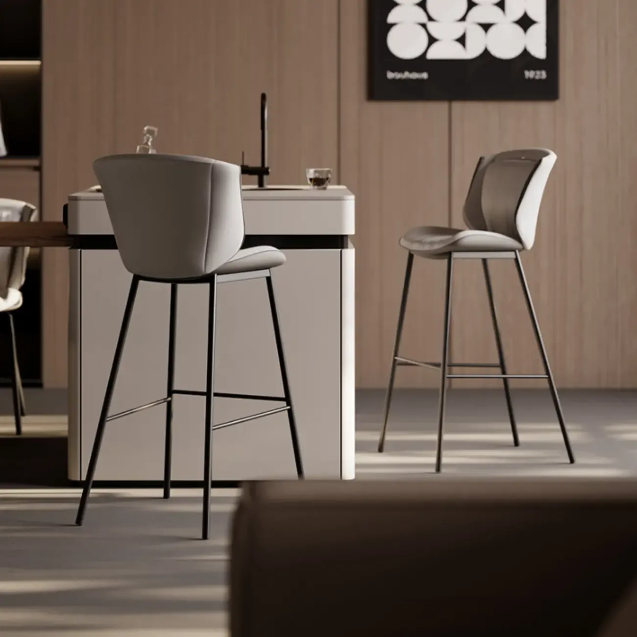 Modern Luxury Trapezoid Cushion Microfiber Leather Carbon Steel Bar Stool