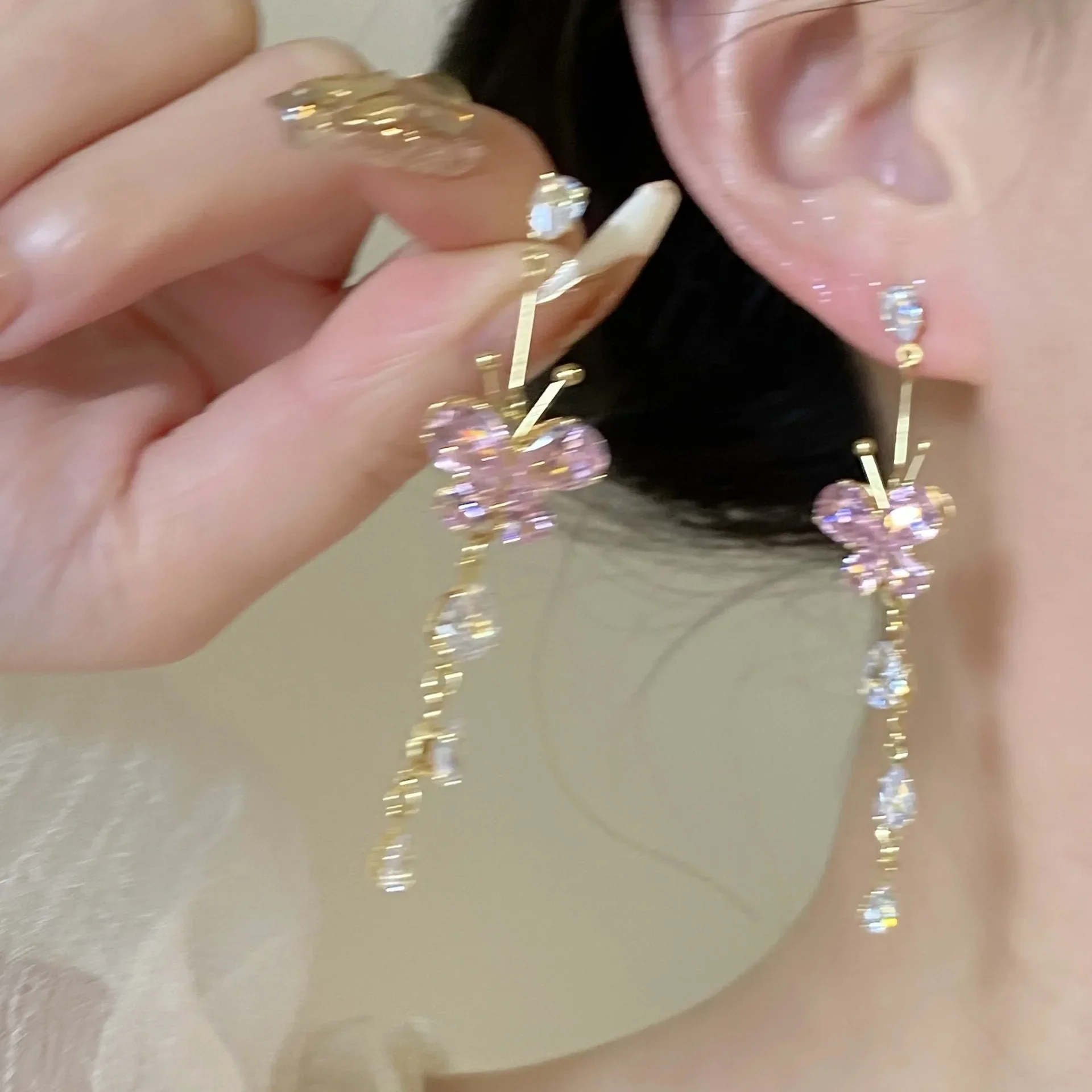 hulianfu Fashion Sweet Pink Zirconia Butterfly Tassel Dangle Earrings For Women Girl Delicate Flower Long Pendientes Jewelry - Deanwangkt