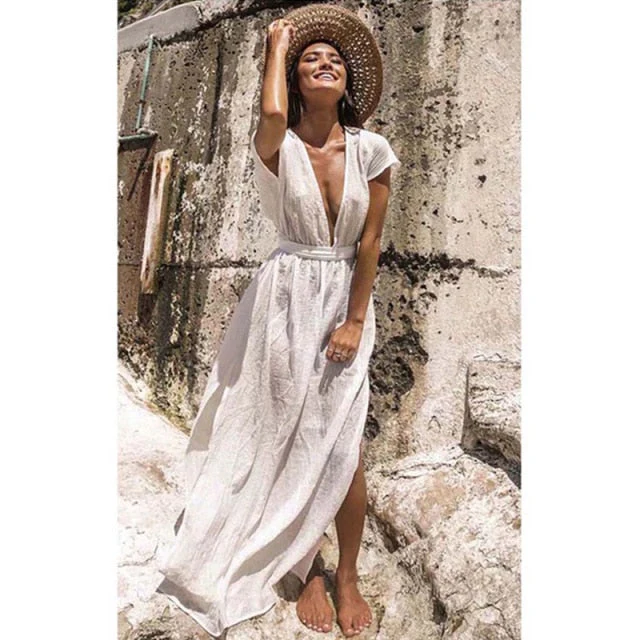 Leaves Print Bikini Beach Cover up Tunics for Beach Long Kaftan Bikini Cover up Robe de Plage Sarong Beach Swimsuit cover-ups - Deanwangkt