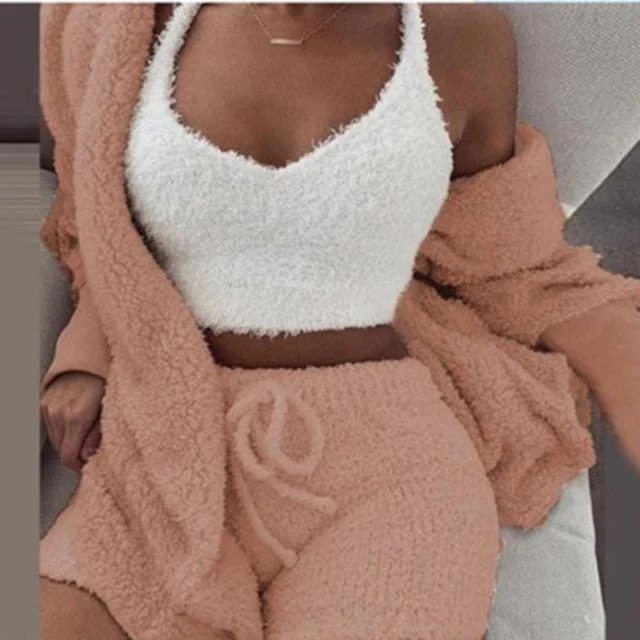 Three Piece Sexy Fluffy Outfits Plush Velvet Hooded Cardigan Coat+Shorts+Crop Top Women Tracksuit Sets Casual Sports Sweatshirt - Deanwangkt