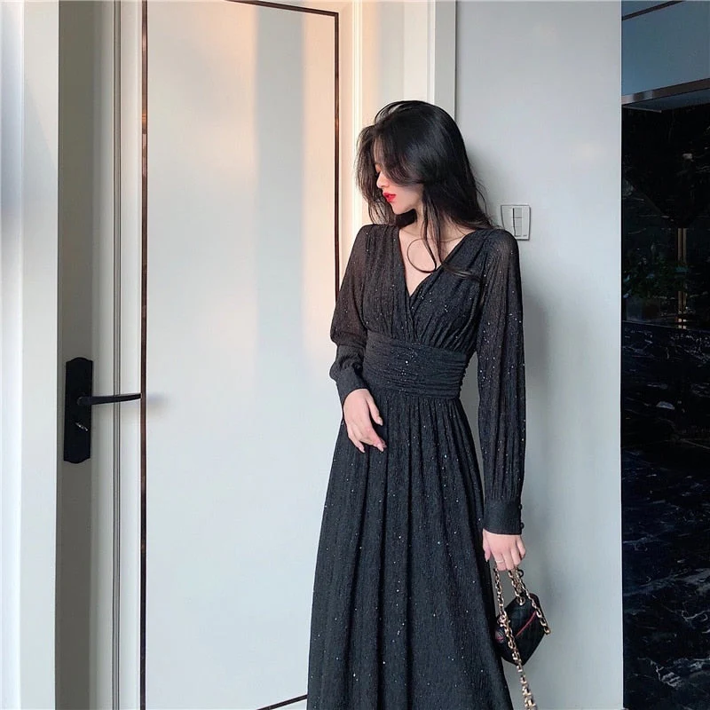 Hulianfu Vintage Sexy Maxi Dresses for Women Party Sequin Midi Dress Female Casual Chiffon Slim Korean Woman Dress Elegant Autumn - Deanwangkt
