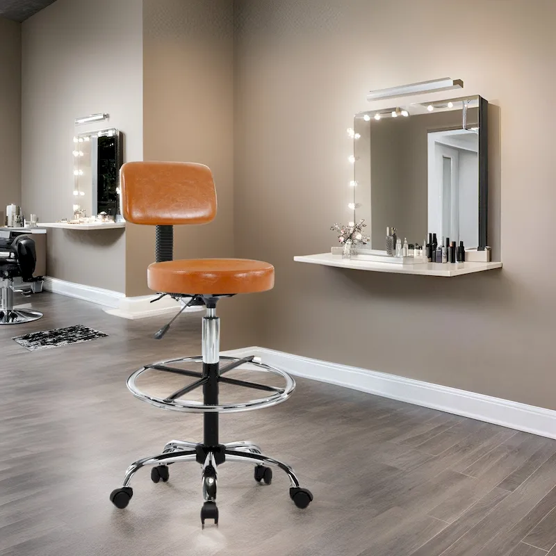 Height Adjustable Drafting Stool - With Premium Leather, Rolling Wheels