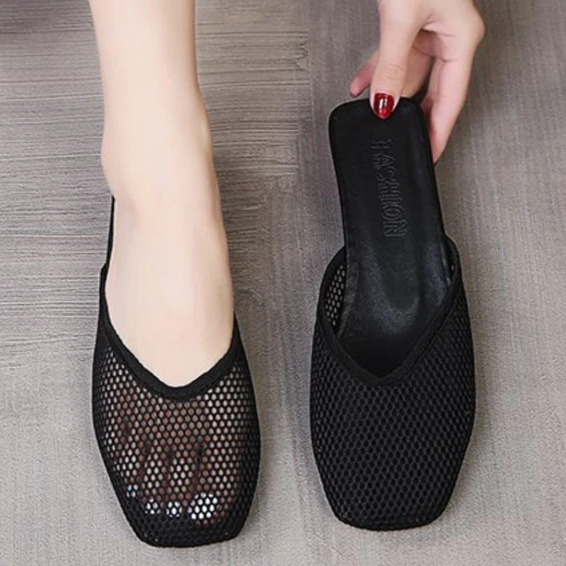 Square Toe Flat Slippers Summer Comfy Breathable Slides Outside Fashion Baotou Half Drag Shoes for Women Sapatilha Feminina - Deanwangkt