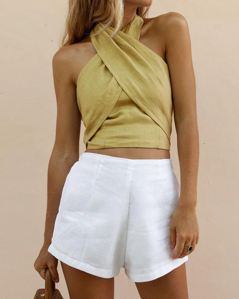 Women's Criss Cross Tank Summer Tops Sexy Sleeveless Halter Neck Top Solid Color Crop Top Bandage Vest Female Outwear Outfits - Deanwangkt
