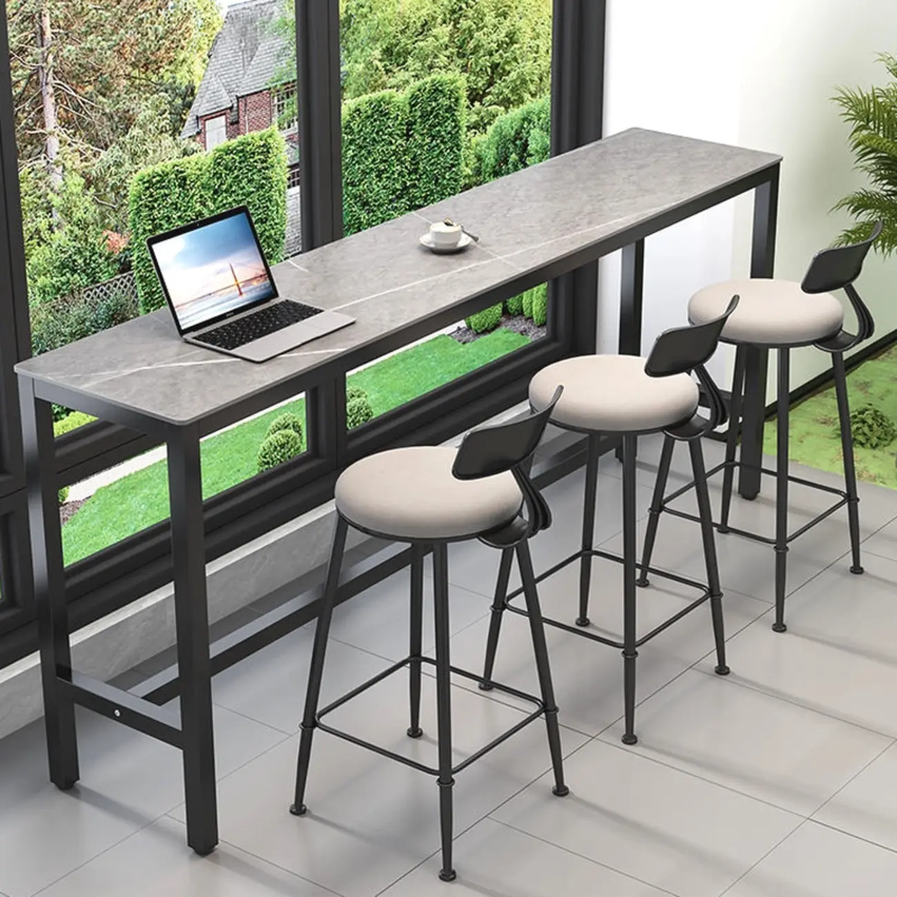 Modern Gray Quartz Metal Legs Bar Tables