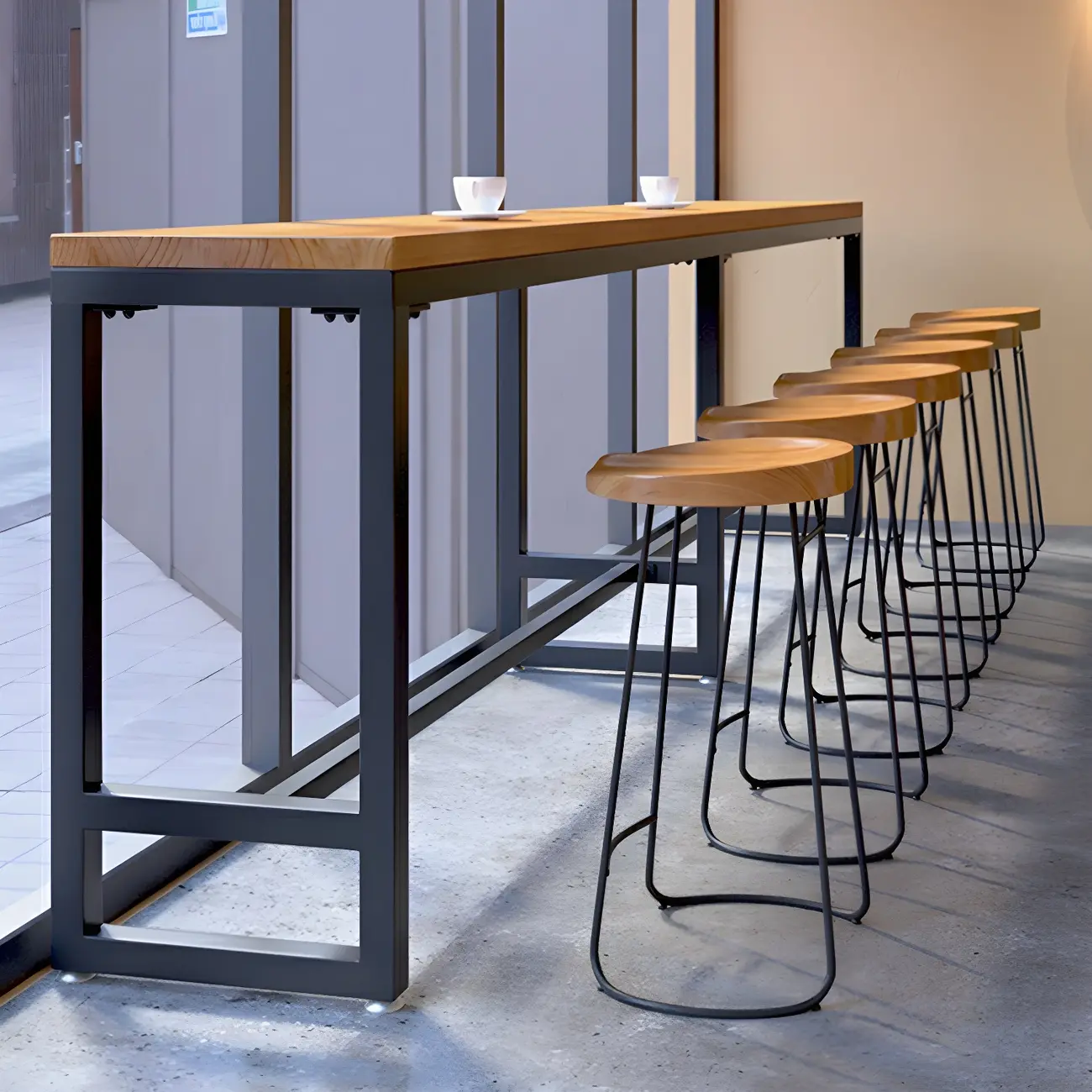 Modern Brown Wooden Iron Trestle Base Bar Table