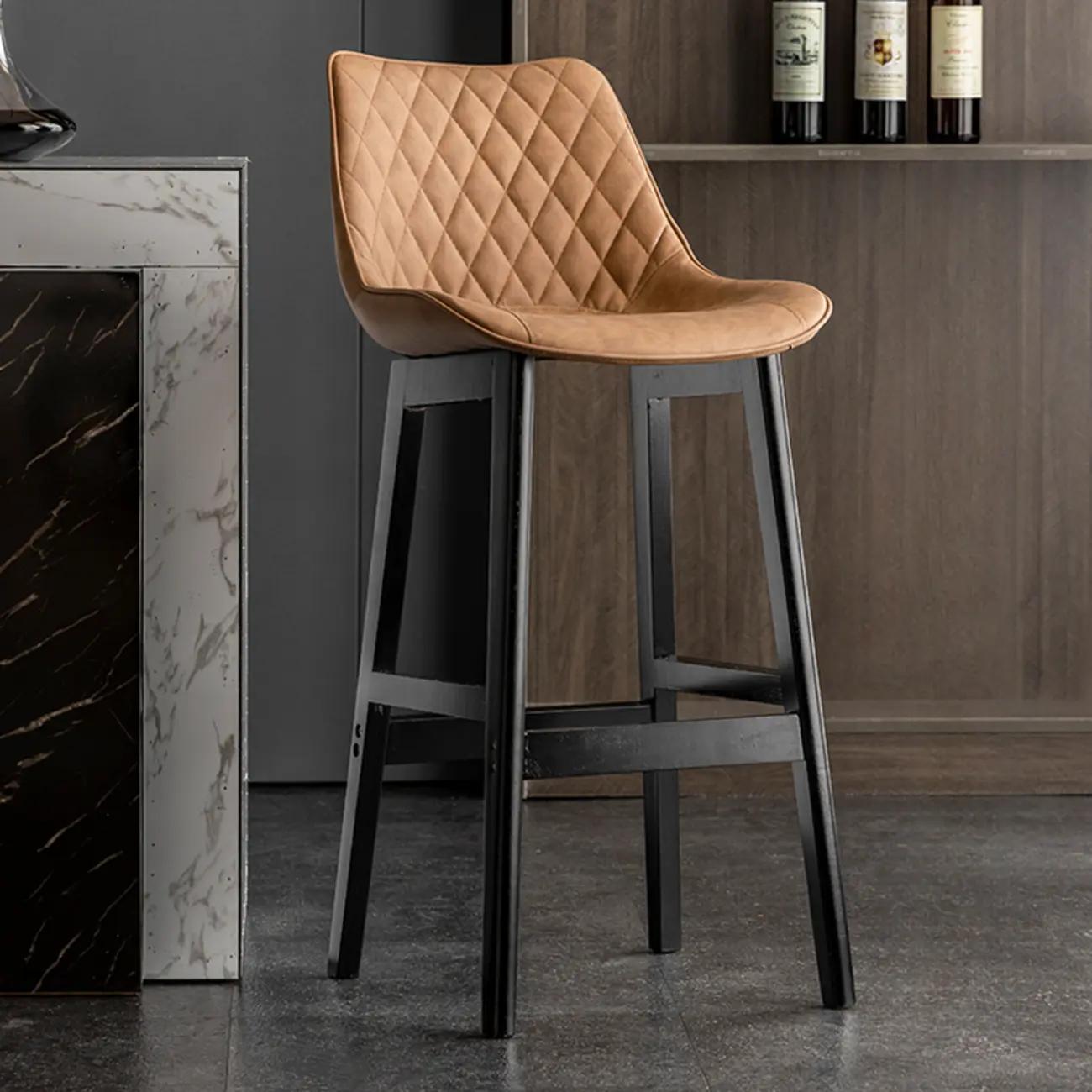 Mid-Century Modern Faux Leather Bar Stools with Wood Legs