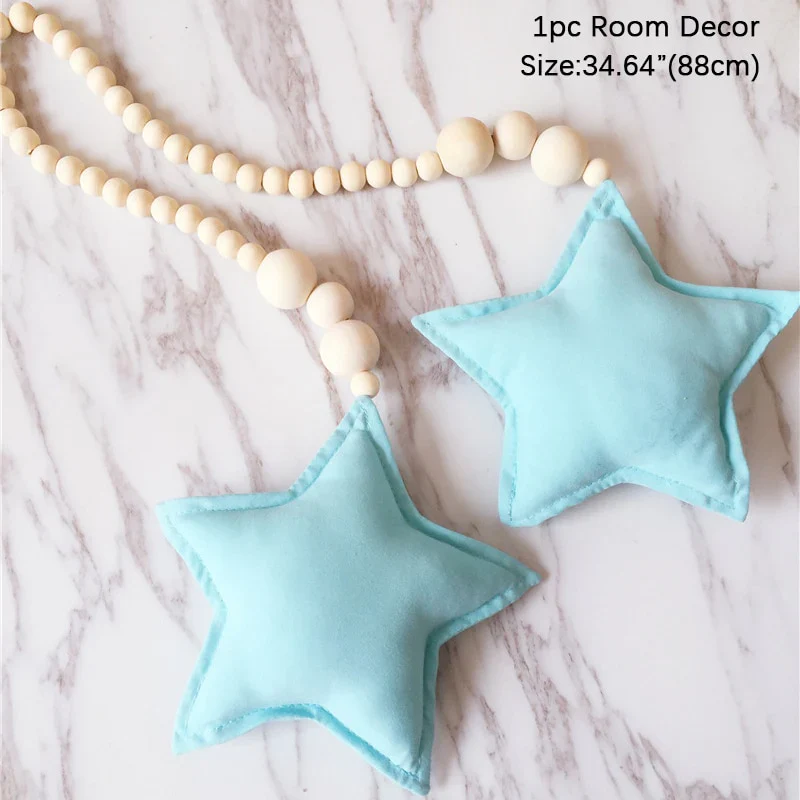 HULIANFU Nordic Boho Room Decor Double Star Moon Wooden Beads Cotton Hanging Wall Decoration Kawaii Kids Baby Bedroom Living Room Decor - Deanwangkt