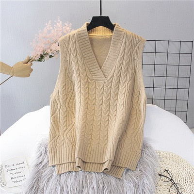 Autumn Women's Sweater Vest V-neck Sleeveless Irregular Casual Loose Knitted Pullover Tops Female Outerwear - Deanwangkt