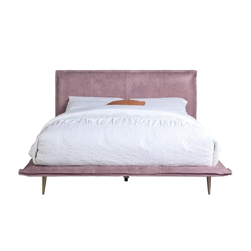 Top Grain Leather Eastern King Bed with Metal Legs in Pink Finish