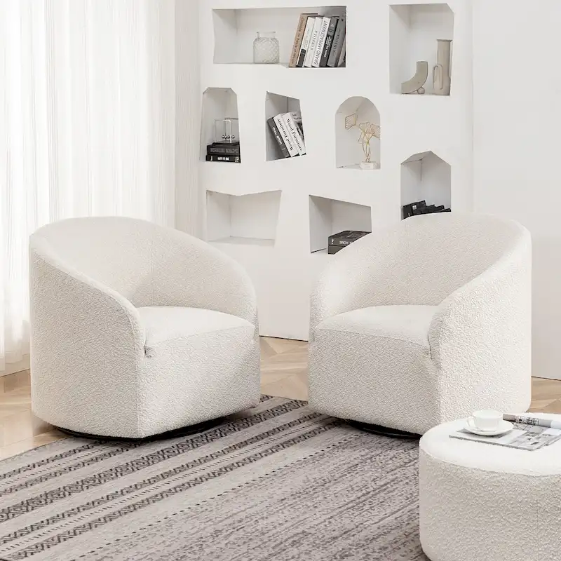 KINWELL 32W Boucle Upholstered Swivel Barrel Armchair (Set of 2)
