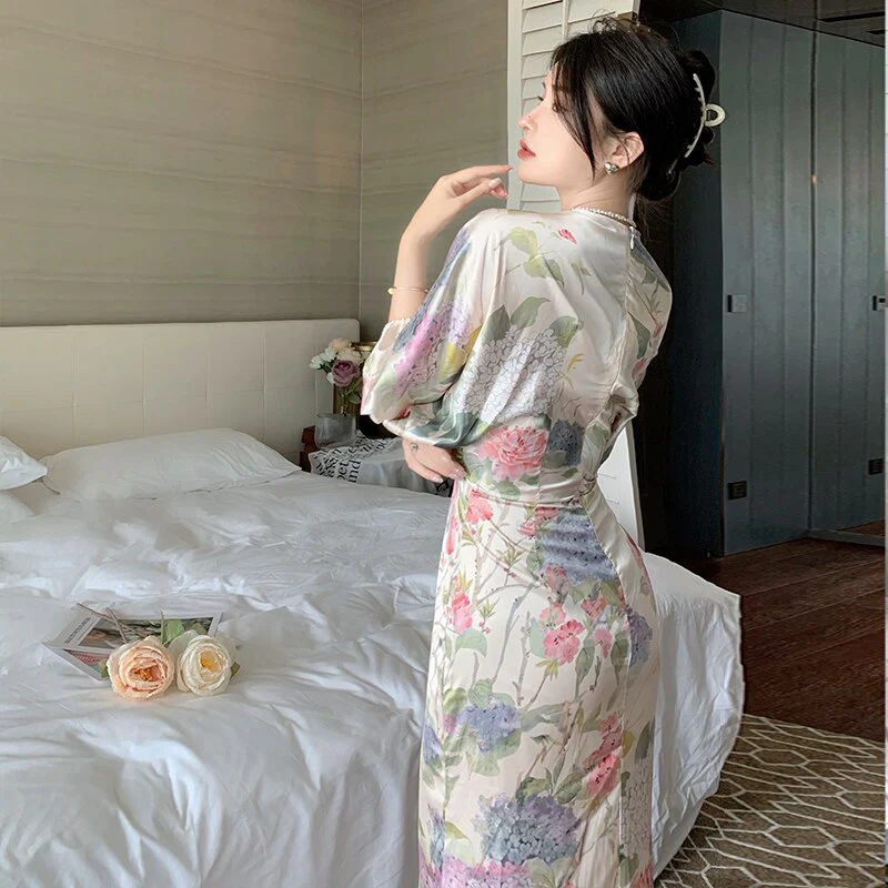 Hulianfu Printing Midi Bodycon Dress Elegant Japan Style V-Neck Long Half Batwing Sleeve Sashes Floral Maxi Dresses for Women Summer 2026 - Deanwangkt
